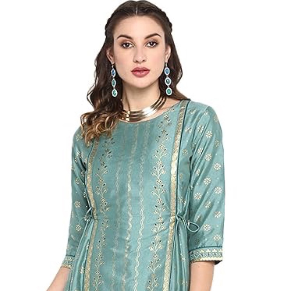PLUS SIZE: Janasya Indian Women's Green Foil Print Festive Wear